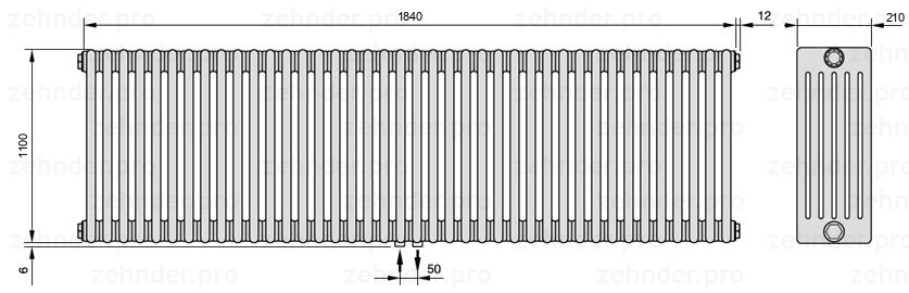 Схема (чертеж) Радиатор Zehnder Charleston 6110/40 №3470 Белый глянцевый RAL 9016